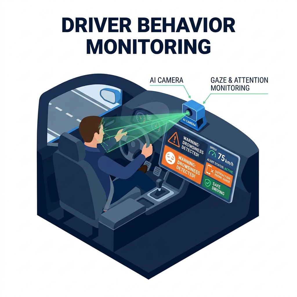Driver Behavior Monitoring System dashboard showing AI drowsiness and distracted gaze alerts