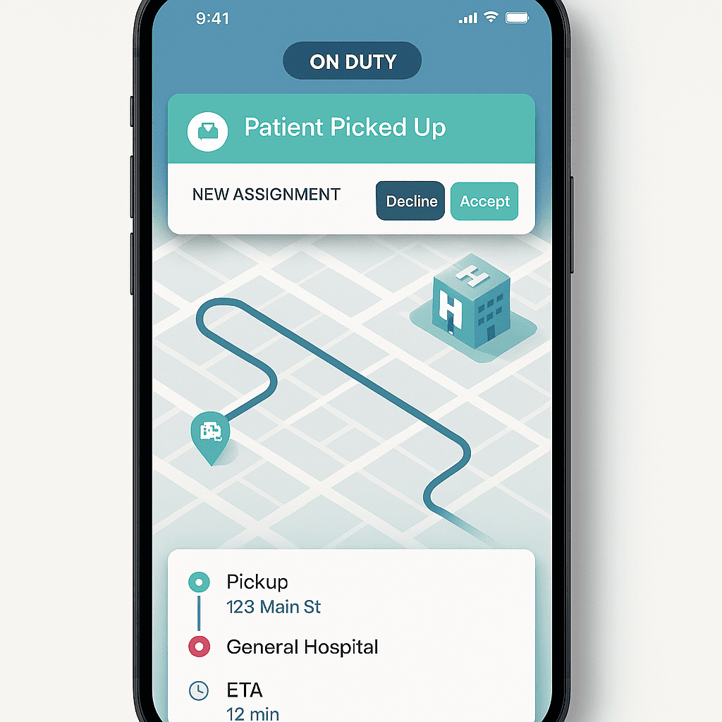 Ambulance driver mobile app with assignment alerts and trip details