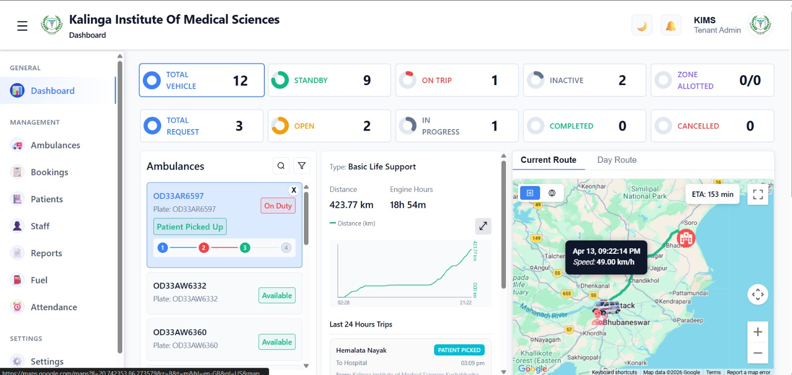 Ambulance operations web dashboard showing trips and live fleet tracking